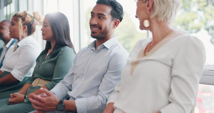Business people, handshake and networking in waiting room, recruitment and job interview. Man, senior woman and shaking hands for welcome, motivation or communication with conversation for interview