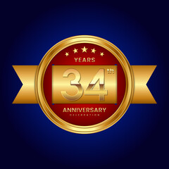 34th Anniversary. Anniversary logo design with golden text and ribbon for celebration event. Logo Vector Illustration