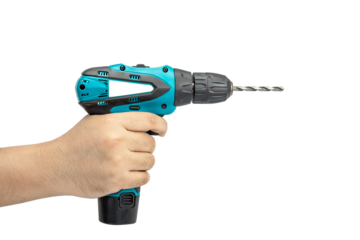 Hand holding green cordless drill