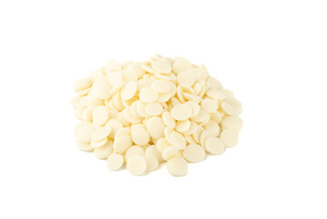 Heap of icing in the form of milk chocolate drops on a white background.