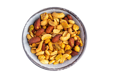 nut salt snack mix almond, cashew, pistachio, peanut fresh nuts food on the table copy space food background rustic top view