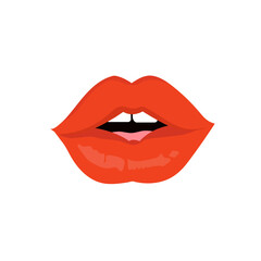 Red girl lips. Woman sexy red mouth. Female chic velvet kiss with lipstick, gloss.Valentines, mothers day logo.