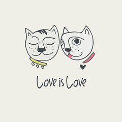 Print with funny cat, lettering love is love and hearts. Valentine s day concept. Perfect for kids. Made of vector illustrations in cartoon, sketch style
