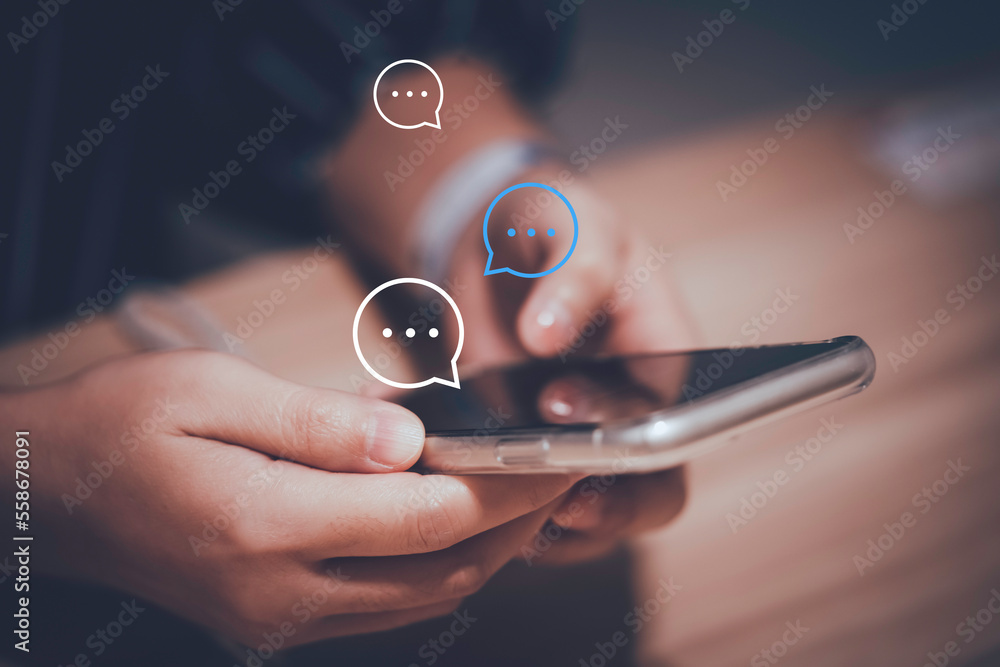 Poster businessman using smartphone typing to send message to colleague , communication by chat and social 