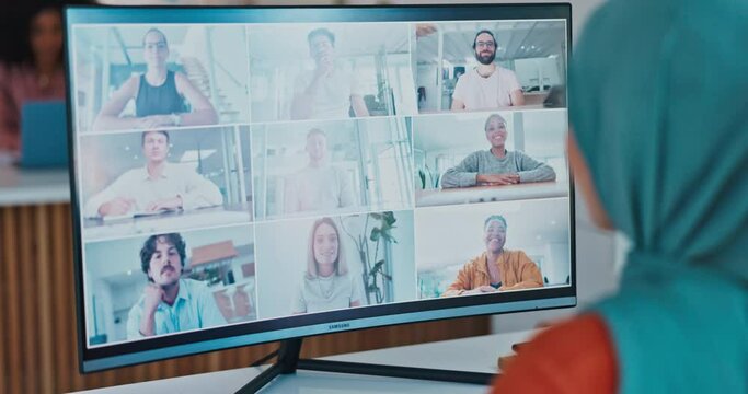 Corporate muslim woman, wave and video call with computer, smile and online communication in office. Islamic crm expert, pc and waves with happiness for meeting on app, internet and focus in Beirut