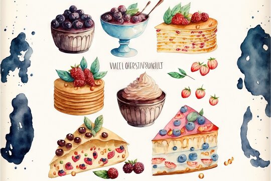 a watercolor painting of different desserts and pastries on a white background with a blue spot in the middle of the picture and a blue spot in the middle of the picture with the top.
