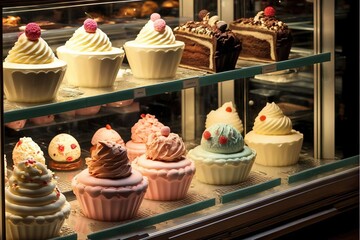 a display case filled with lots of different types of cupcakes on display in a bakery window with frosting and toppings on top of each one of the cupcakes and the other. Generative AI