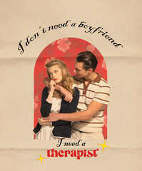 Fototapeta premium Vintage poster with young stylish couple in vintage style fashion clothes hugging isolated over light background. 60s, 70s american culture concept