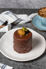 Chocolate and chestnut cake on a dark background. Delicious cake with cream filling. Studio shoot. Bakery products. close up