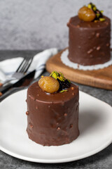 Chocolate and chestnut cake on a dark background. Delicious cake with cream filling. Studio shoot. Bakery products. close up