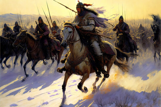 Mongolian army led by Genghis Khan. Ancient cavalry of armed horseback soldiers on horses. Illustration of historic Mongol army in combat. generative ai