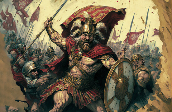 Leonidas I of Sparta fighting in Battle of Thermopylae, wielding a spear in one hand. Fighting together with 300 Spartans surrounded by a large army. Leonidas the king of ancient Greece. generative ai