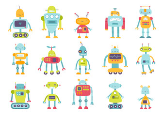 Set of cute funny robots for kids. Collection of cartoon vector childish robots. Naive colorful robots bundle.