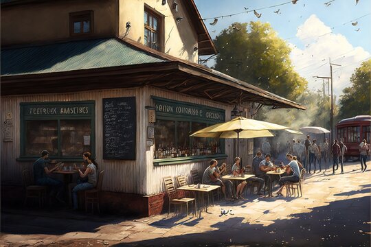 a painting of people sitting at tables outside of a restaurant with umbrellas and a trolley in the background on a sunny day with a blue sky with clouds and a few clouds and a few. generative ai