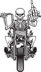 human skeleton driving a chopper motorcycle and showing middle finger