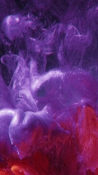 Vertical video. Ink splash. Paint water shot. Fantasy nature. Purple color sparkling glitter fluid burst on orange flower petals abstract background.