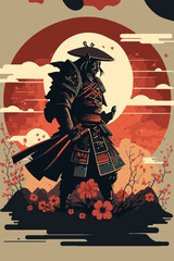 Silhouette of Japanese samurai warrior with sword standing on sunset art print - obrazy, fototapety, plakaty