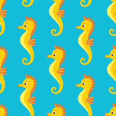 Obraz premium Seamless pattern with cute cartoon seahorses. Endless blue background with inhabitants of the underwater world.
