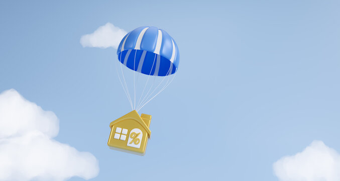 House mortgage interest rate rising up, home loan impact from inflation, concept of high interest rates on mortgage loans or rentals, property tax or banking cost concept,house with balloon. 3d render