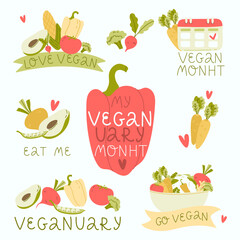 Set of vector illustrations on the theme Veganuary. Reduce your intake of animal products. Changing eating habits to a vegan diet. Editable vector illustration.