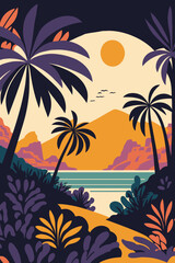 Colorful sunset on the ocean background in flat color vector flat color