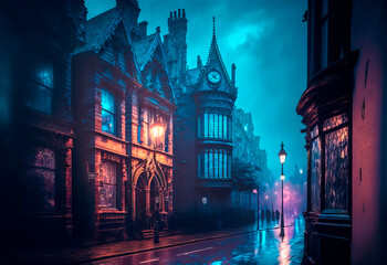 Wet night street of Old Victorian town in blue purple neon haze. Photorealistic Generative AI illustration in cyberpunk style.  Gloomy urban scene.