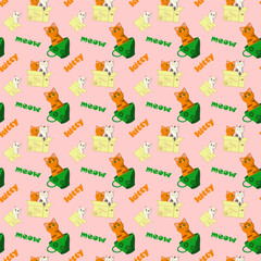 Seamless pattern with cats in cups and boxes vector