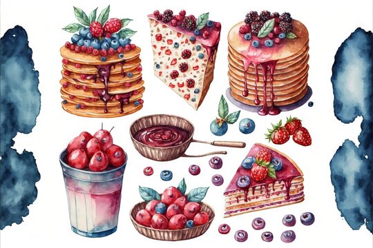 a watercolor painting of a variety of desserts and pastries on a white background with a blue spot in the middle of the image and a blue spot in the middle of the image.