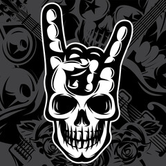 Human skull with rocker gesture from above on the background. Vector illustration. Element for design