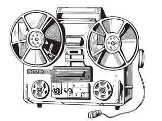 Reel-to-reel stereo tape recorder retro sketch, hand drawn in doodle style Vector illustration