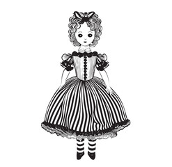 Retro doll in a ball gown, hand drawn in doodle style Vector illustration