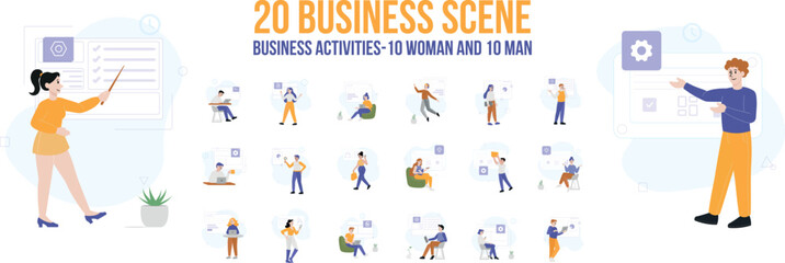 Business working with men and women, vector design. Office activities with single man and woman. Flat design characters. Concept employee illustrations.
