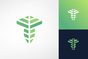 T letter logo made of leaf stylized shapes. An organic masculine logo but still simple and sophisticated. This logo is suitable for real estate, tech, retail and environmental companies.