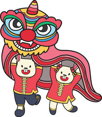 Hand Drawn Chinese lion dancing with a rabbit illustration