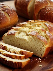 Bakery - gold rustic crusty loaves of cut bread and buns. Still life captured with dramatic lighting and brown colours. Fresh cut bread.