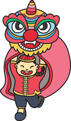 Hand Drawn Chinese lion dancing with Chinese boys illustration