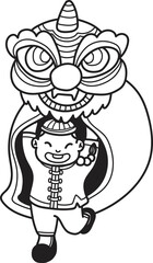 Hand Drawn Chinese lion dancing with Chinese boys illustration
