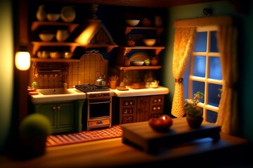 A realistic dollhouse living room,kitchen room and bed room luxury hyper realistic vintage cozy interior lighting