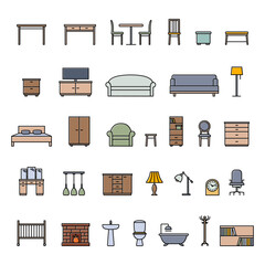 Set of color home and office furniture icons, vector illustration