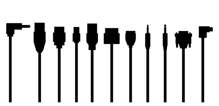 Set of silhouettes of cable wire computer, connector usb and audio, vector illustration