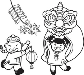 Hand Drawn Chinese lion dancing with firecrackers illustration