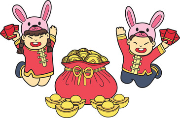 Hand Drawn Chinese child wearing rabbit hat and money bag illustration