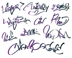 Alcoholic drinks tag lettering set graffiti style. Inscription, liqueur, rum, whiskey, wine, beer, gin, tequila, champagne, brandy, vodka. Trendy vector calligraphy. All tags are isolated.