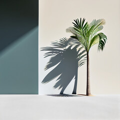 Minimal background with palm shadow. Minimal product placement background with palm shadow on concrete wall. Luxury summer architecture interior aesthetic. Modern tropical mockup design.