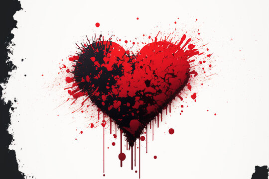 Plain, broken red on black painted heart symbol representing broken heart, broken love on a white background, artwork created with generative ai