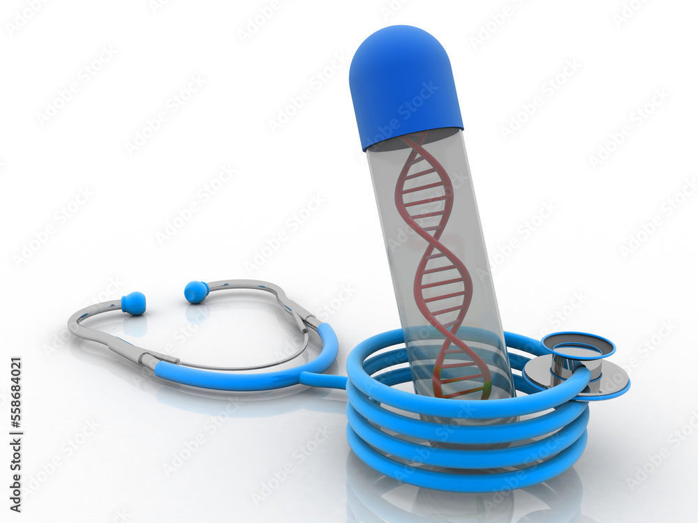 Poster 3d render of dna structure with stethoscope