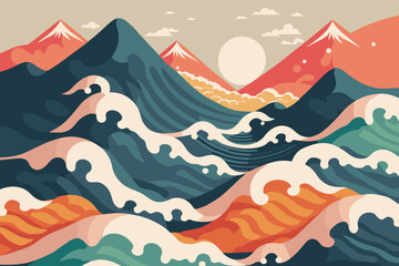 big ocean wave with sun poster in japanese style vector illustration