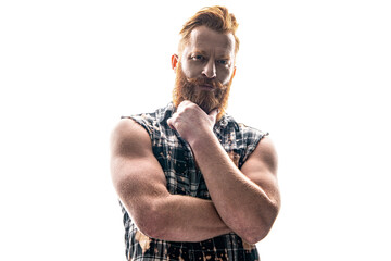 photo of muscular brutal bearded man with beard. brutal bearded man isolated on white.