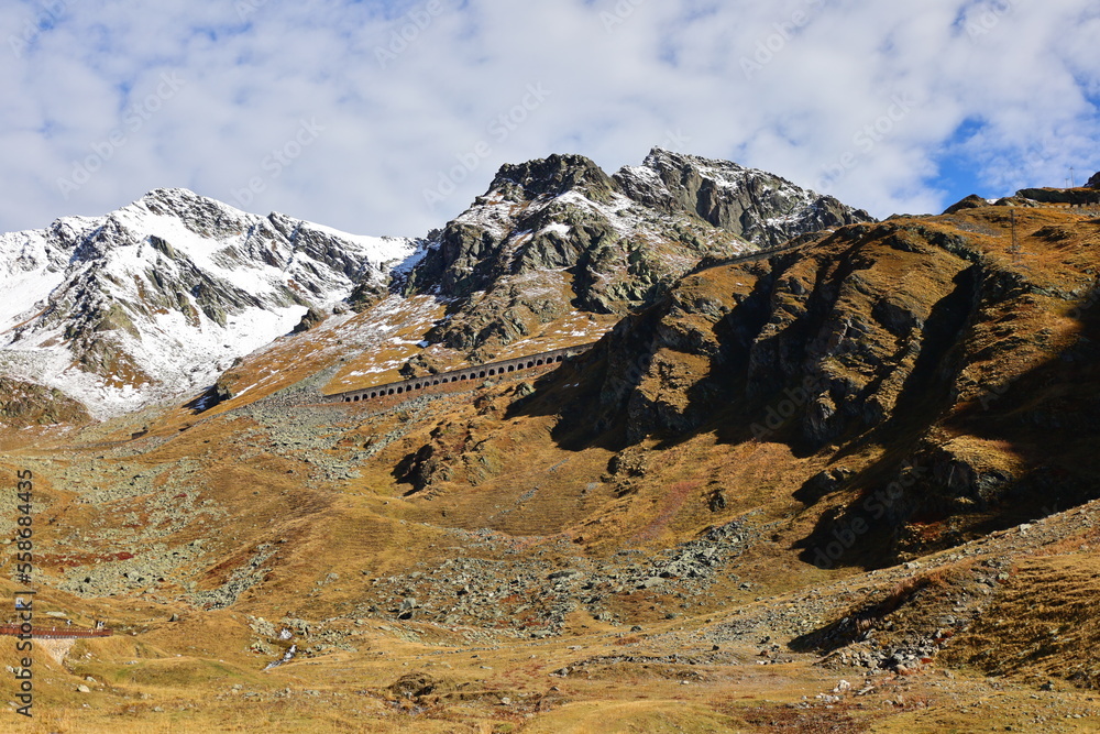 Wall mural view on the great st bernard pass which is the third highest road pass in switzerland at an elevatio