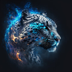 Epic cinematic portrait of a snow leopard filled with equal parts mysterious smoke and ethereal fire, Generative AI - obrazy, fototapety, plakaty